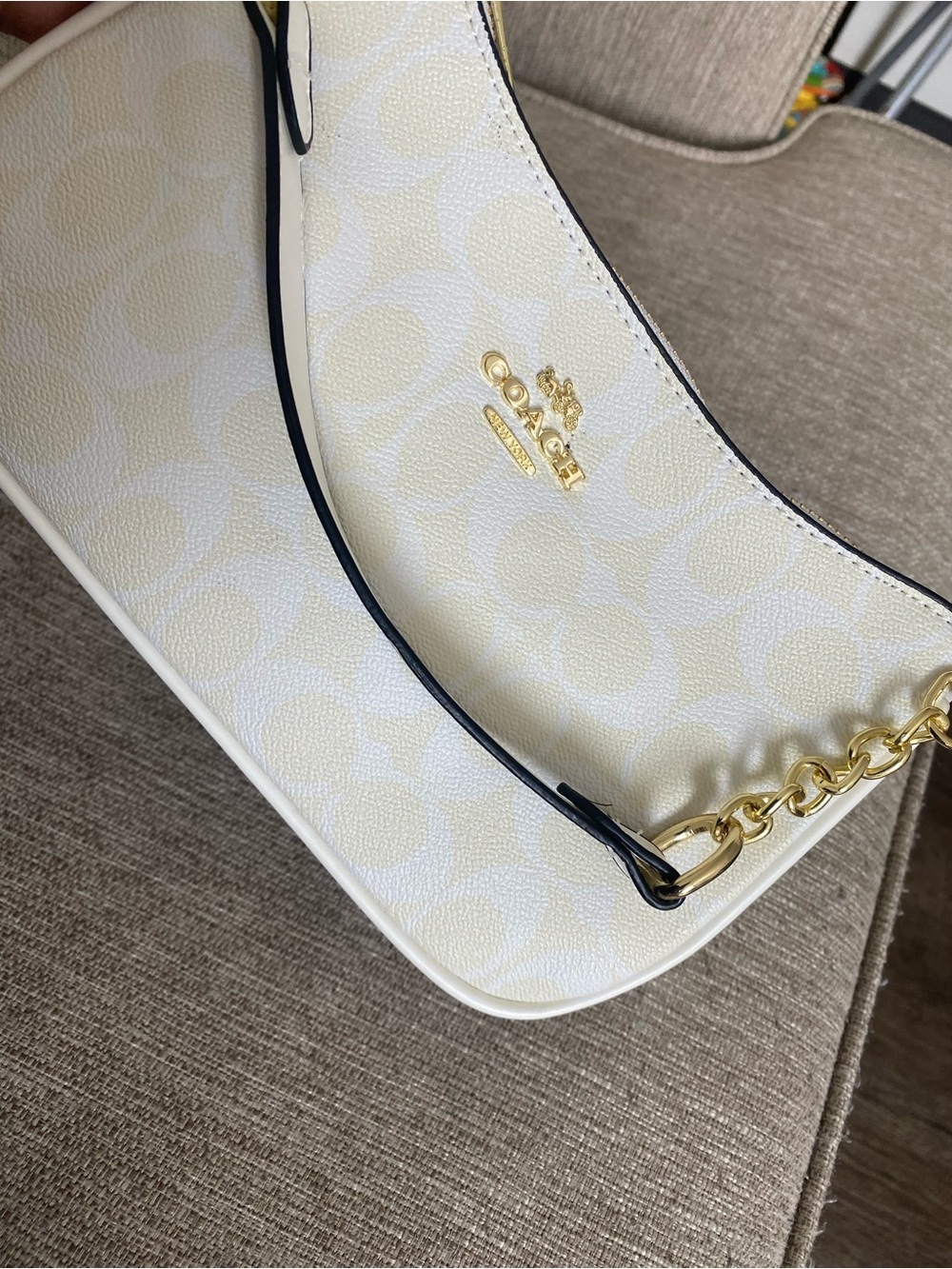 COACH Cream Signature Shoulder Bag with Gold Chain